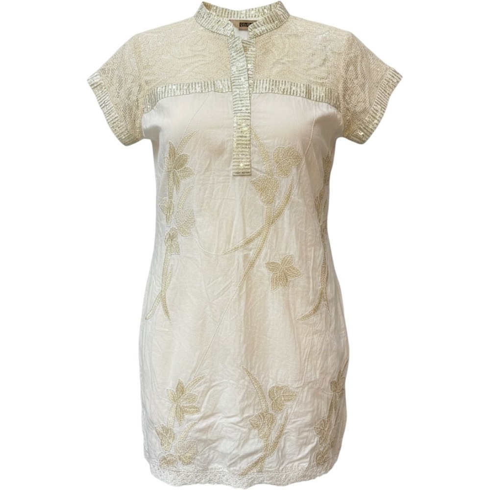 +COLOR Women White Gold Floral Embroidered Lace Tunic Sequin Top Large Boho Luxe